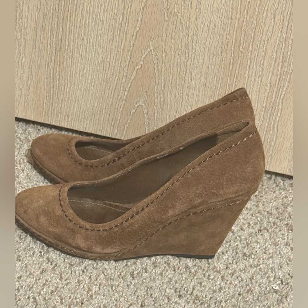 Schutz Deep‎ Tan Brown Suede Leather Almond Point Toe Wedge Heels